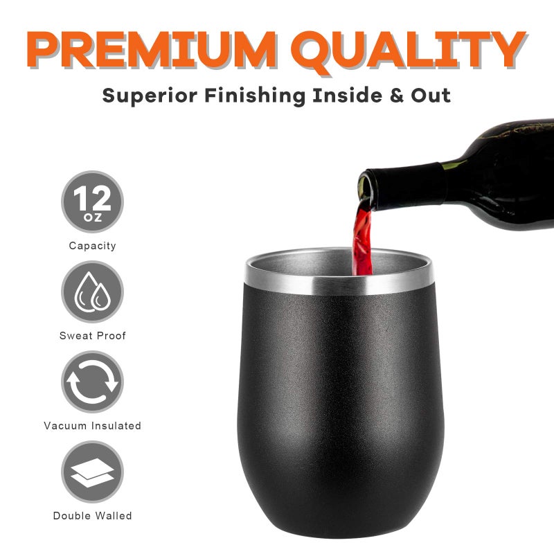COMOOO 12oz Stainless Steel Wine Tumbler with Lid and Straw, Double Wall Vacuum Insulated Wine Tumbler Cup for Hot and Cold Drinks, Wine, Coffee, Champaign, Black, 4 Pack - Image 4